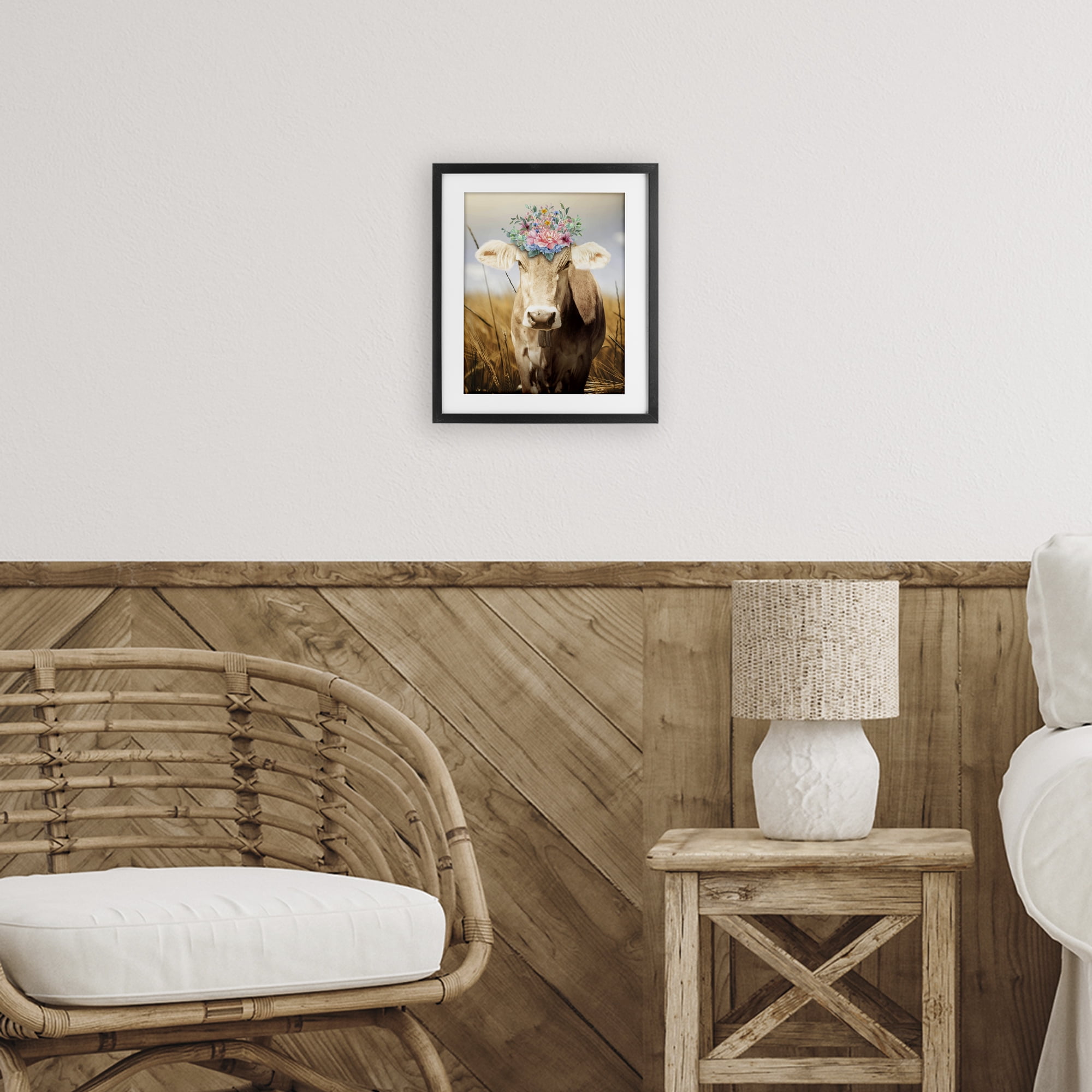 Stupell Industries Chatty Belle Cow with Florals Black Framed Print Under Glass, design by Marcus Prime