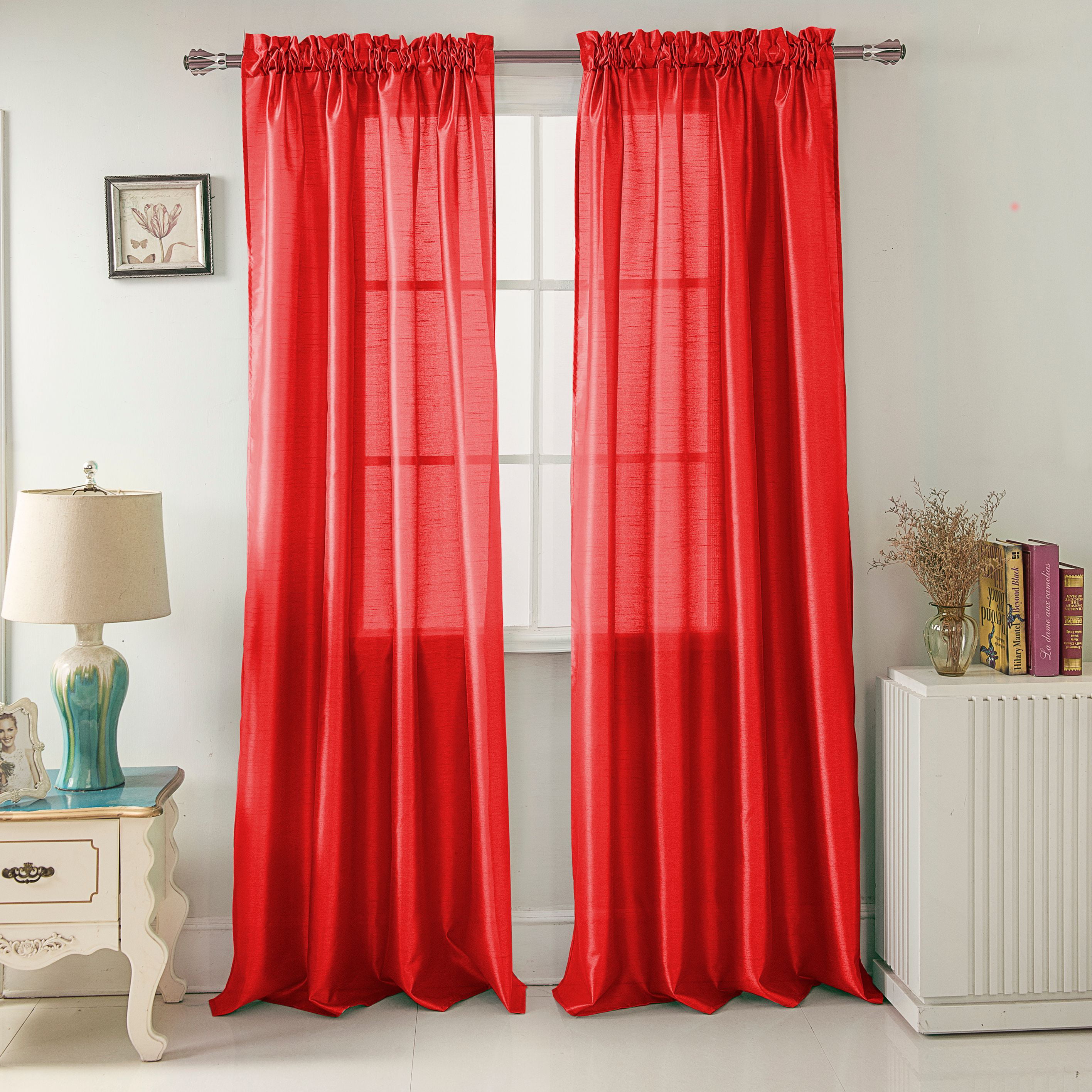 NEW Deep Red Eyelet Fully Lined Faux Silk Curtains with Tie Backs 