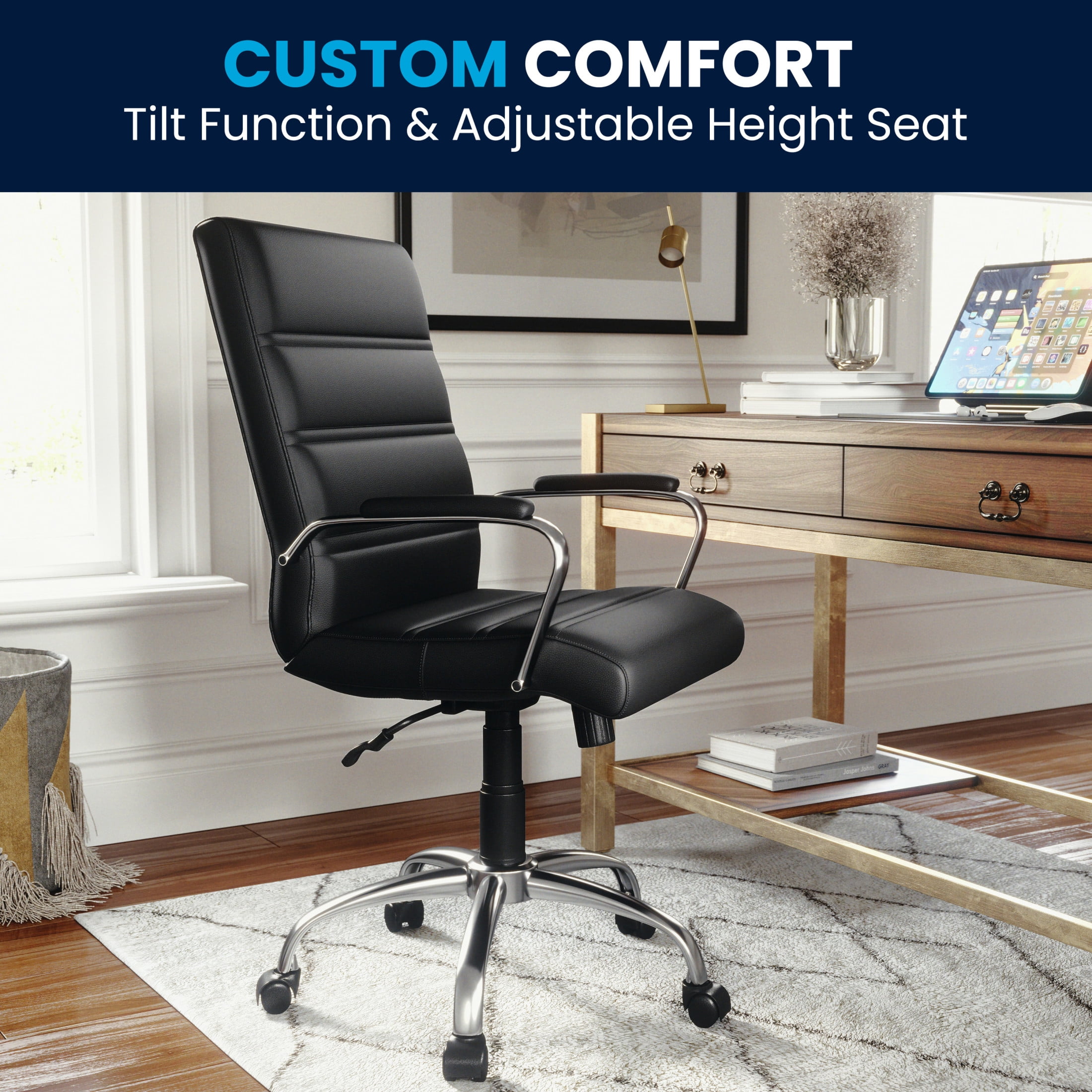 Flash Furniture Whitney Mid-Back Swivel LeatherSoft Desk Chair with Armrests, Black/Chrome