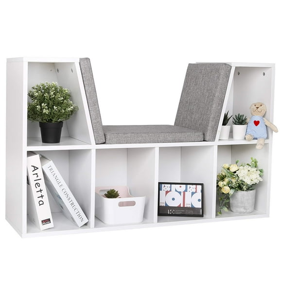 VEIKOU 25" Reading Nook for Kids, 6-Cubby Kids Bookshelf Bedroom Storage Organizer, Kids Book Nook, White Wooden Bookcase with Grey Cushion