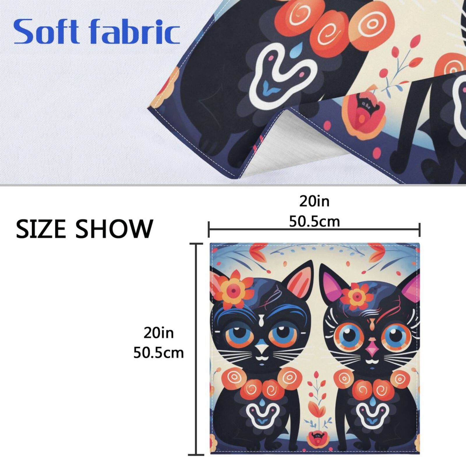 JSTEL Sugar Skull Cat Cute Cloth Napkins Set of 6, 20x20 Inch Washable and Reusable Napkin for Decoupage Dinner Party Everyday Use