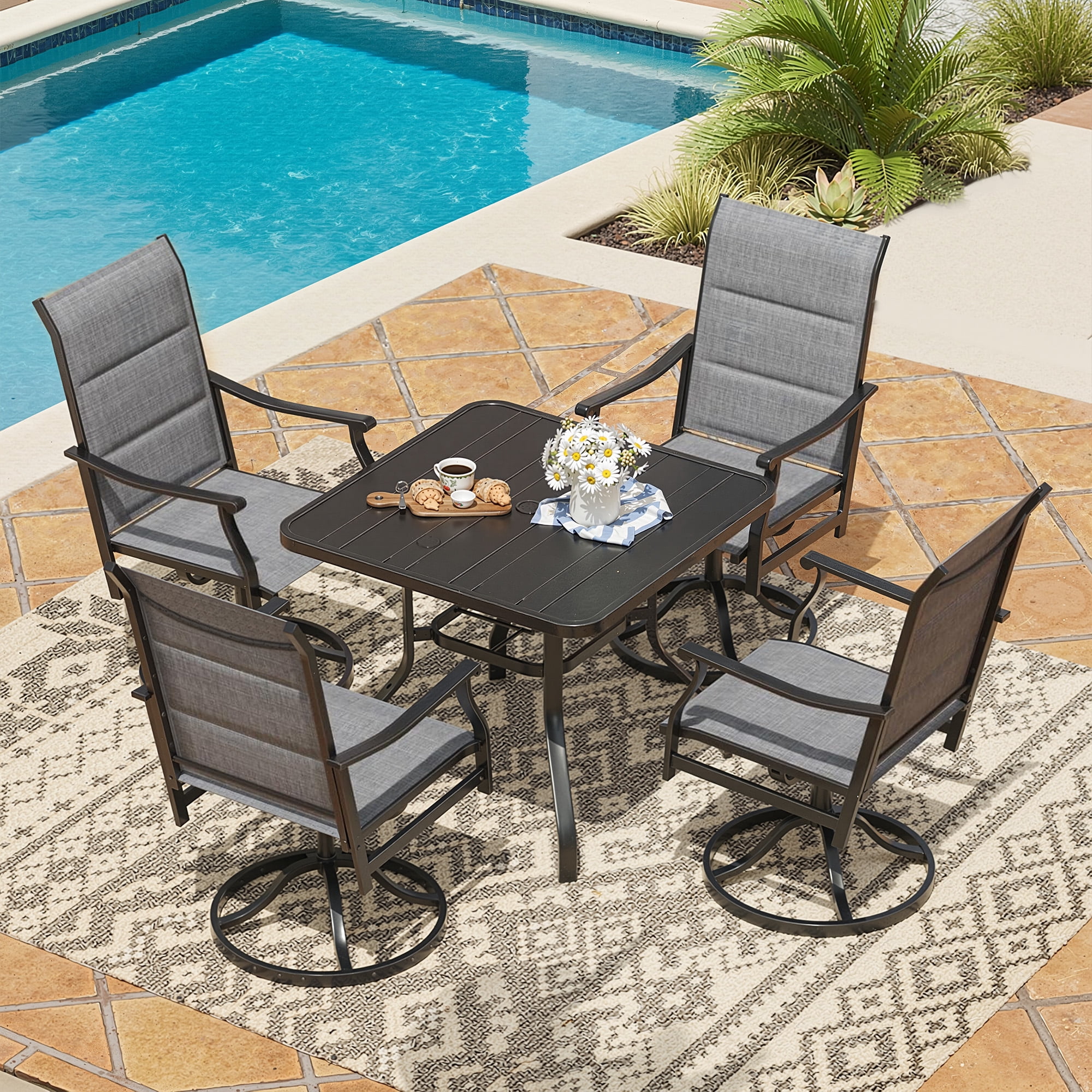 MAYEERTY 2-Piece Outdoor Swivel Dining Chairs with Padded Textilene Fabric for Backyard & Patio, Gray