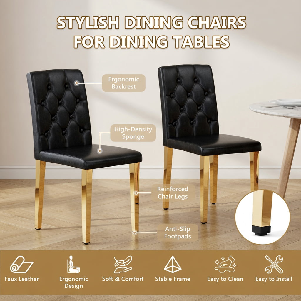 Hommoo 2-Pack PU Dining Chairs with Ergonomic Buckle Backrest – 35 in Tall Modern Luxury Chairs for Dining Room, Hotel Banquet Hall, Cafe, Black & Gold