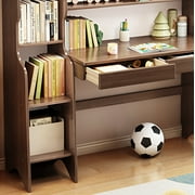 BALANBO Kids Desk with Bookshelf Wooden Children’s Media Desk Student's Study Computer Workstation and Writing Table (Brown)
