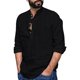 thumbnail image 5 of Camisas Deportivas Hombre Camisa holgada para hombre Camisa de manga larga de lino y algodón con cuello levantado (Black, L), 5 of 6