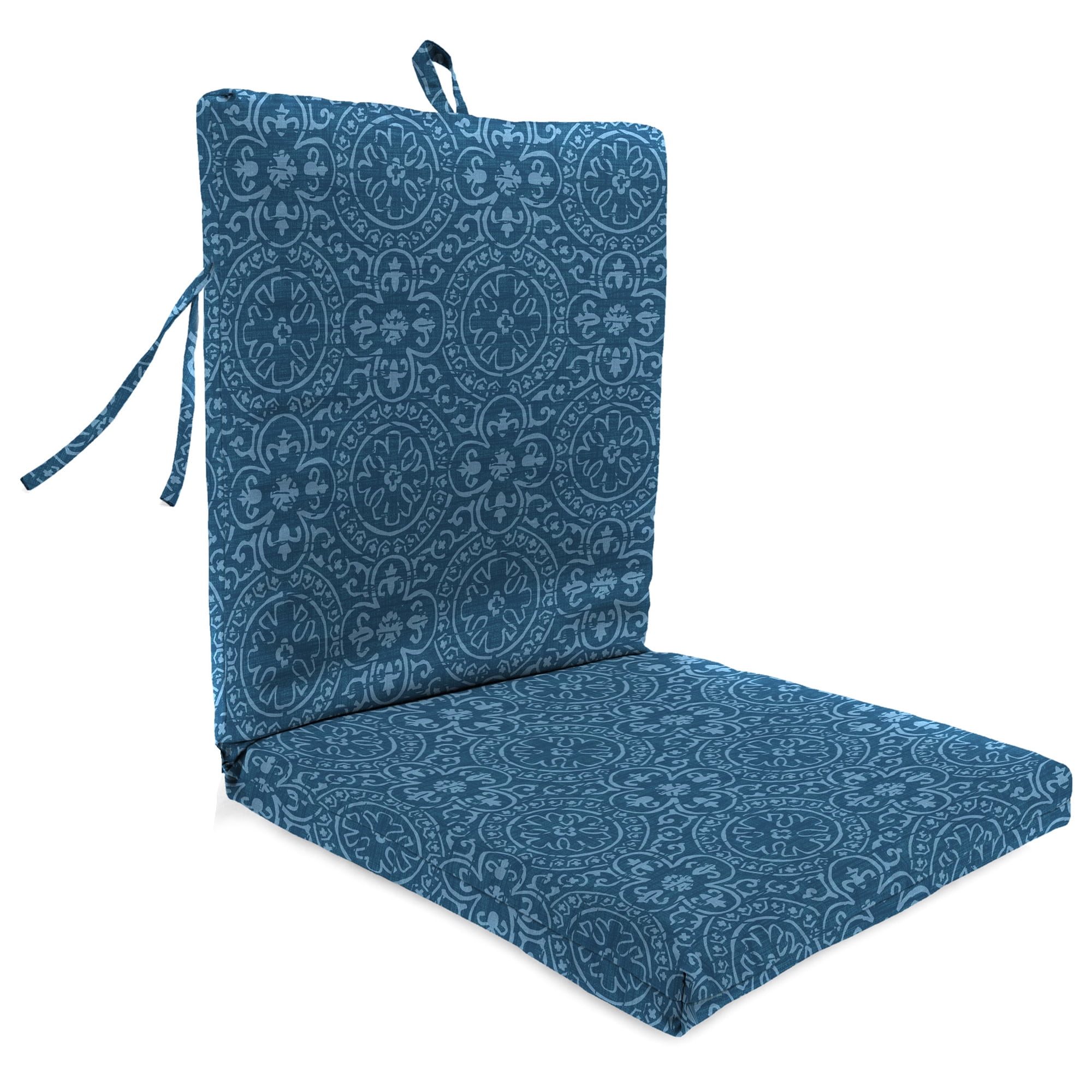 Jordan Manufacturing 38" x 21" Navy Medallion Rectangular Outdoor Chair Cushion with Ties and Hanger Loop (2 Pack)