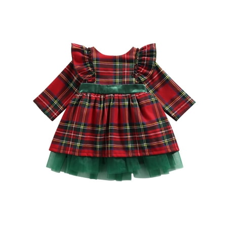 

Licupiee Toddler Girl Christmas Princess Dress Long Sleeve Ruffles Plaid Printed Big Bowknot Lace Tulle Dresses