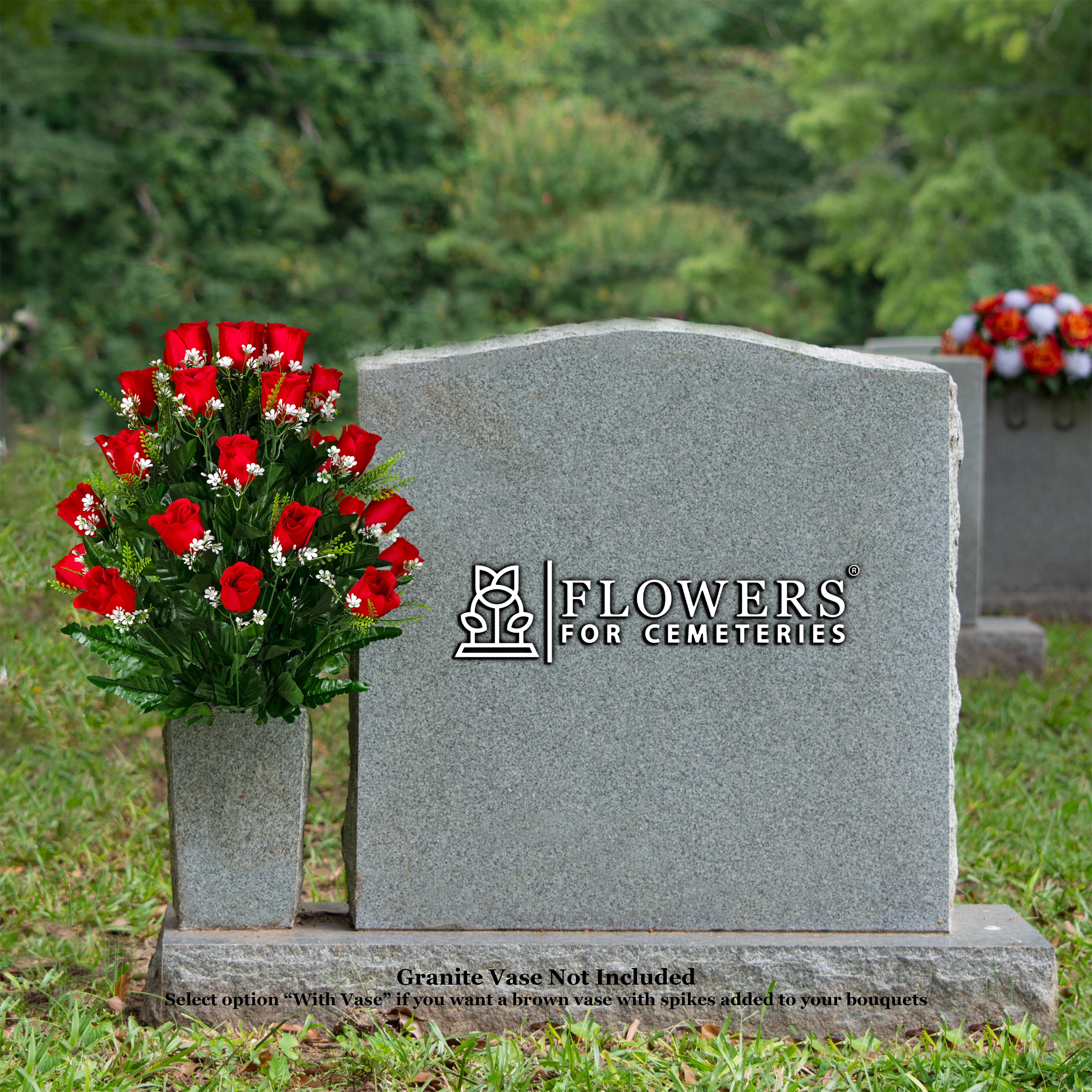 Sympathy Silks Artificial Cemetery Flowers 24" Red Roses Bouquet for an Outdoor Cemetery Vase