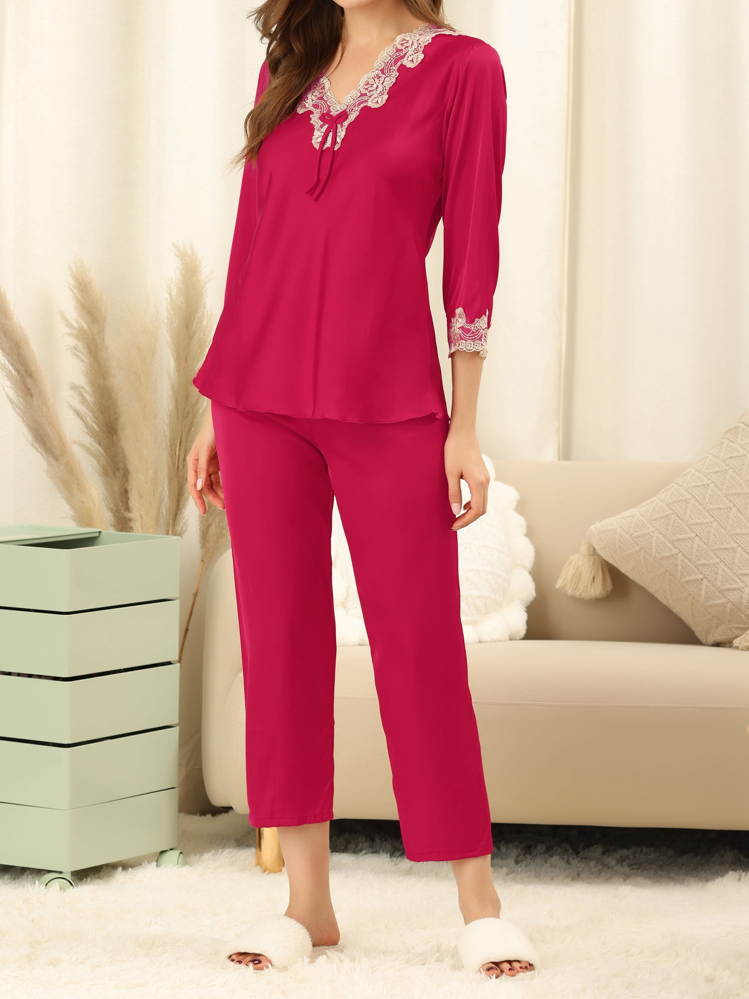 Unique Bargains Women’s Satin Pajama Lace Trim Night Suit Lounge Sleepwear Sets