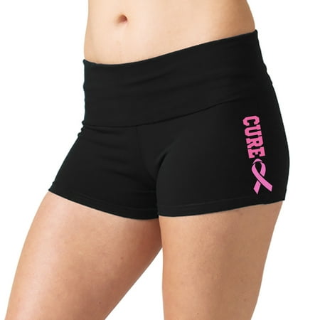 Junior's Cure Breast Cancer Pink Ribbon V582 Black Yoga Booty Shorts Small