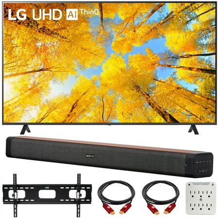 LG UQ7590PUB 43 Inch HDR 4K UHD Smart TV Bundle with Deco Gear 60W 2.0 Channel Soundbar, 37"-100" TV Wall Mount Bracket Bundle and 6-Outlet Surge Adapter