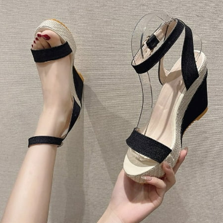 

Cathalem Women Wedge Button Sandals Chunky Heel Sandals Shoes Open Toe Prom Chunky Heel Sandals Womens Dressy Sandals Size 8 Black 8.5