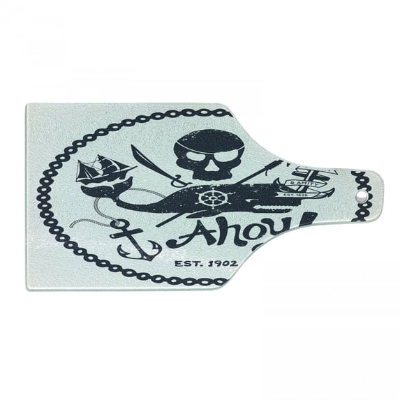Anchor Cutting Board, Vintage Style Nautical Pirate Skull and Whale Design Ship Marine Image, Decorative Tempered Glass Cutting and Serving Board, Wine Bottle Shape, Dark Blue White, by Ambesonne