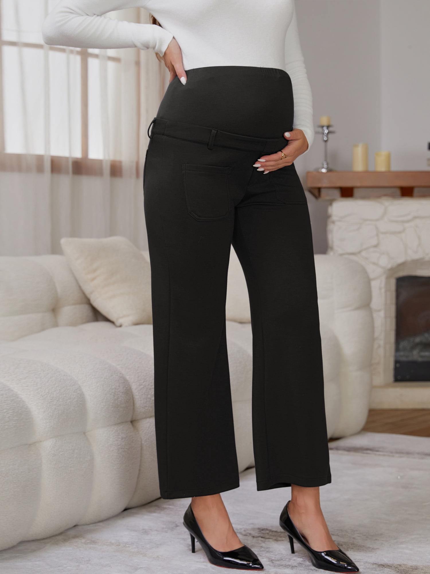 DARING DIVA Women's Maternity Pants Straight Leg Over the Belly Office Trousers XL Black