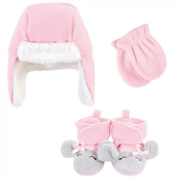 Hudson Baby Infant Girl Trapper Hat, Mitten and Bootie Set, Pink Gray Elephant, 0-6 Months