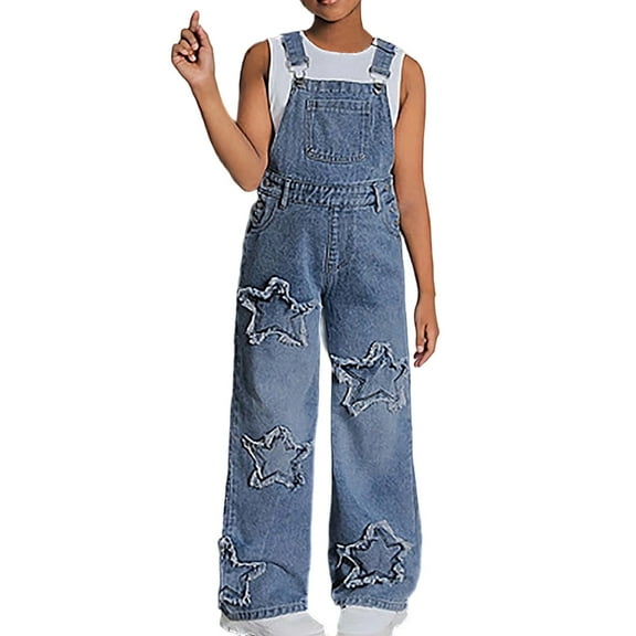 Vividxx Trendy Girls Denim Overalls With Star Casual Wide Leg Jumpsuit For Teen Girls Comfortable Summer Fall Onesie Solid Color Toddler O-Neck Fashionable Dailywear