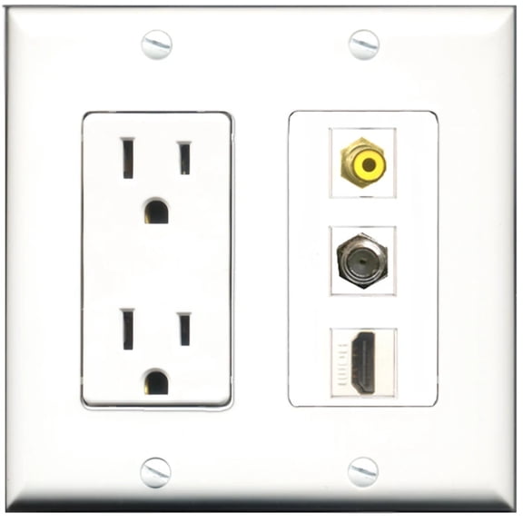Ultra Spec Cables 15 Amp Power Outlet 1 Port HDMI 1 Port RCA Yellow 1 Port Coax DecorZ Wall Plate