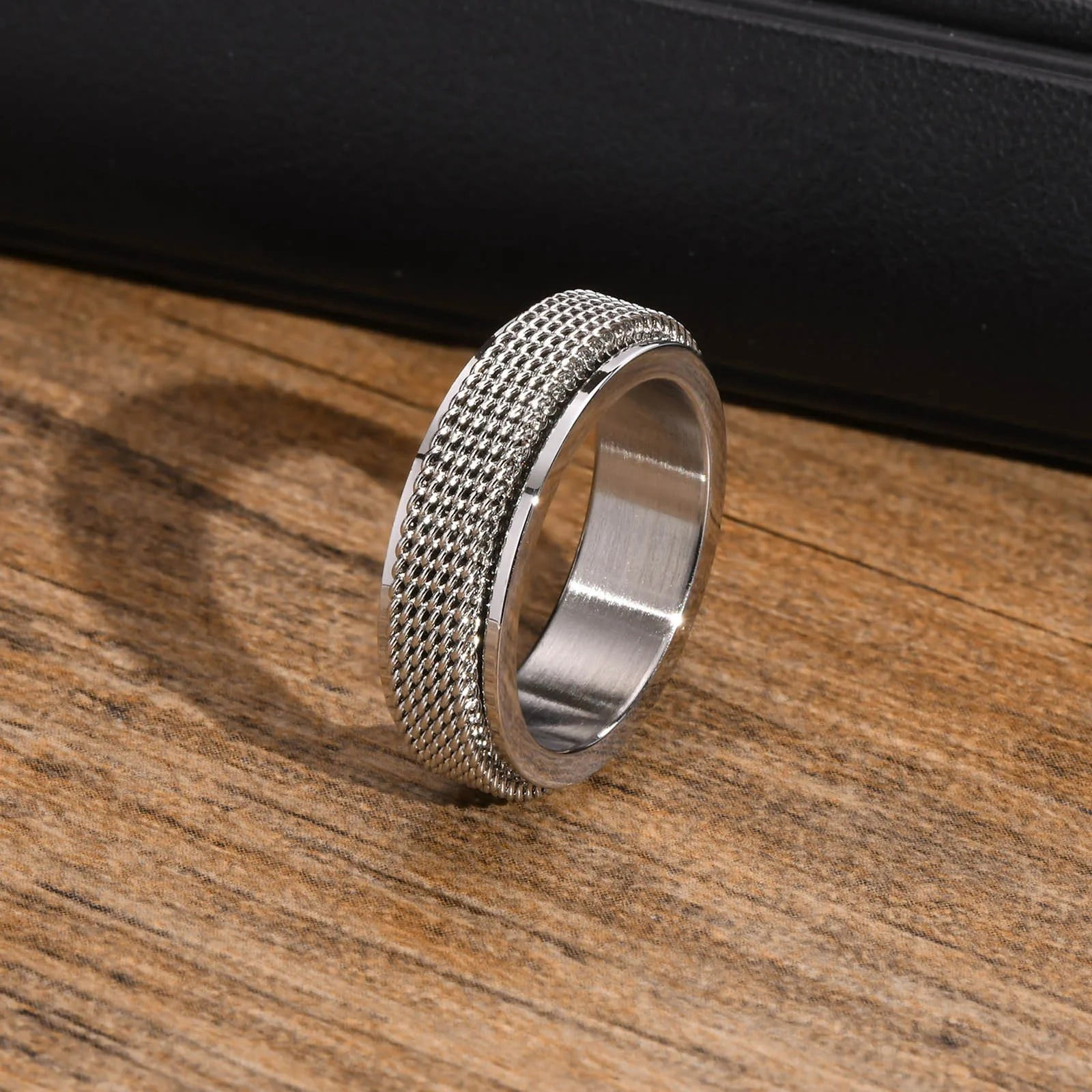 Men's Spinner Fidget Rings for Anxiety, Waterproof 14K White Gold Mesh Wedding Band Rings,Stress Relieveing Gifts Jewelry