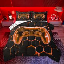 jejeloiu Teen Video Game Queen Comforter Set,Orange Gamepad Bedding Sets,3D Geometric Art Bedding Comforter Set For Boys,Ultra Soft Home Decor Reversible,3pcs