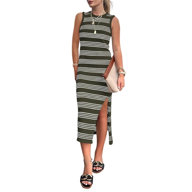 Vestido PRETTYGARDEN XXL Verde Militar Midi Sin Mangas
