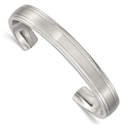 Auriga Fine Jewelry Stainless Steel Brushed and Polished Double Step Edge 11mm Cuff Bangle