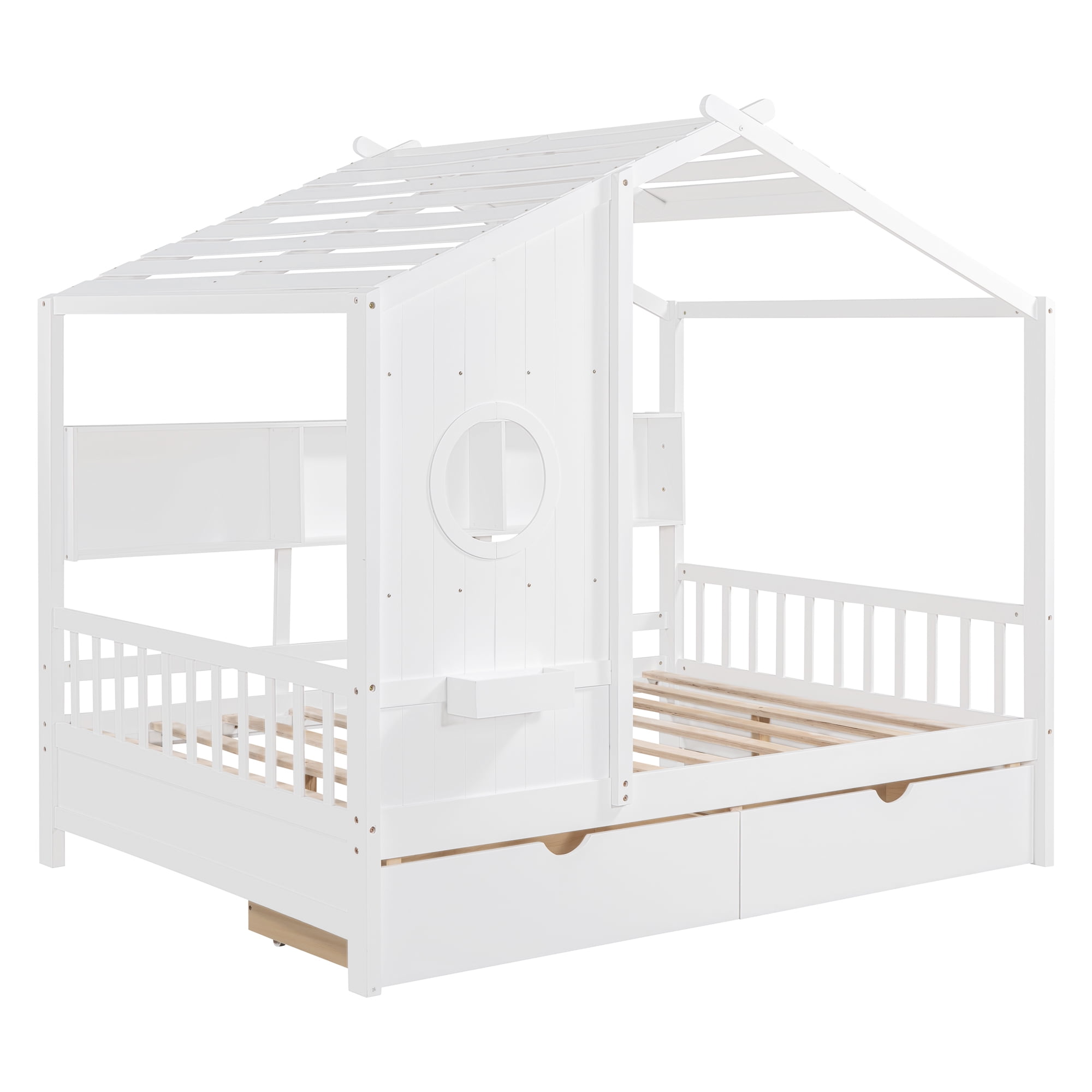Harper & Bright Designs Full Size House Bed with Roof and Window, Wooden Daybed Frame with Shelves and 2 Drawers for Girls Boys, White