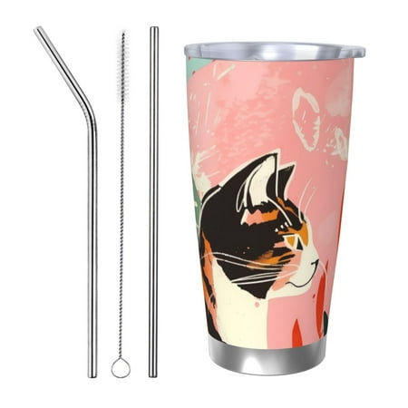 

Logiee Colorful Cat With Flowers Print 20OZ Car Cup with Lid Stainless Steel Vacuum Insulated Double Wall Travel Tumbler Durable Insulated Coffee Mug Thermal Cup with Straw-Straw Three-piece Set