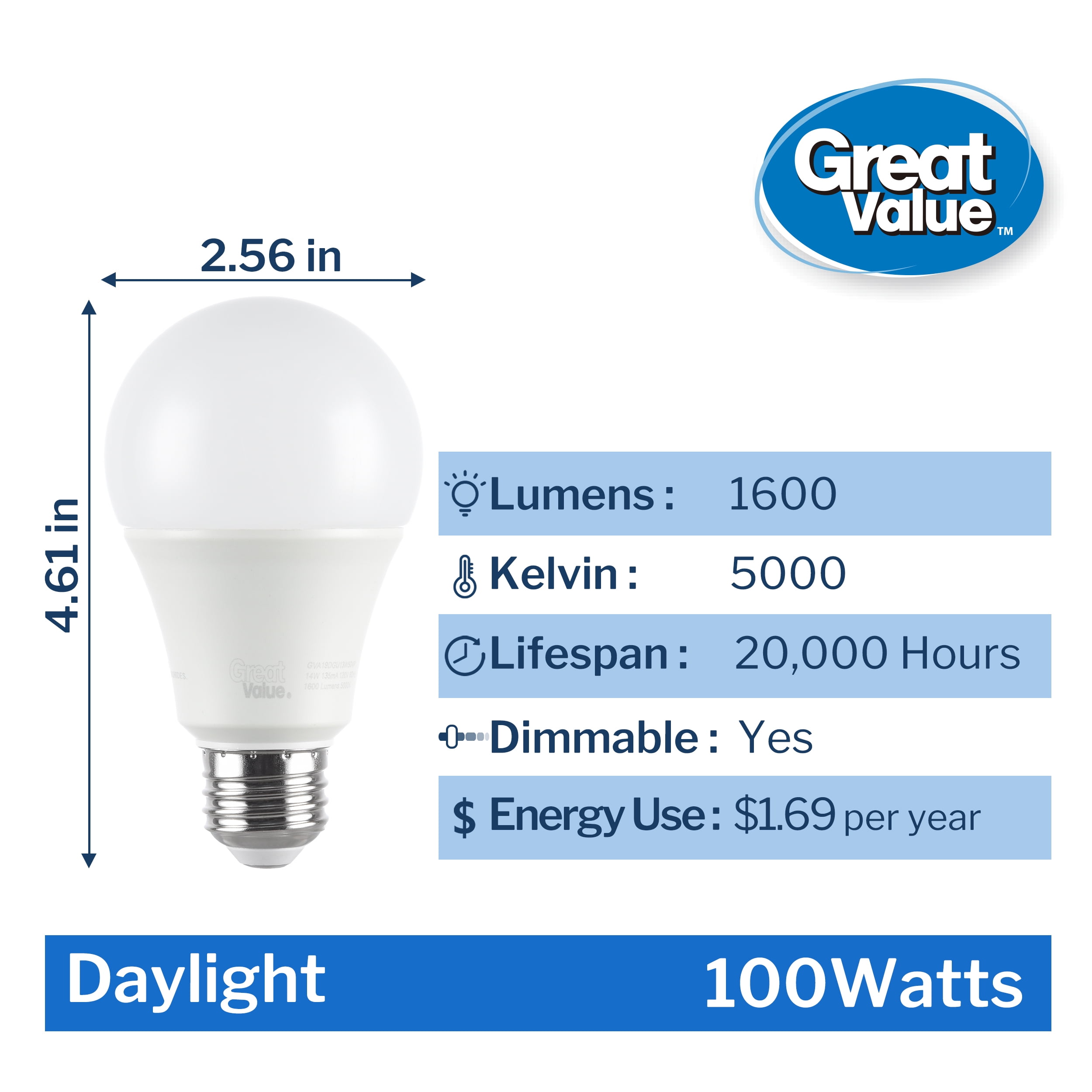 Great Value 18YR A19 LED Light Bulb, 13W (100W Equivalent) Dimmable, Daylight E26 Medium Base, 4 Pack