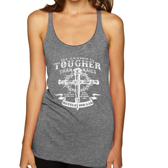 Wild Bobby, My Savior Is Tougher Than Nails Revelation 1:18, Inspirational Christian, Women Tri-Blend Racerback Tank Top, Premium Heather, Medium