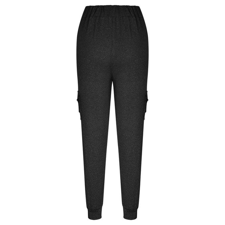Clearance RYRJJ Women's Cotton Cargo Jogger Sweatpants with Multi-Pockets  Elastic Waist Workout Tapered Lounge Pant Casual Baggy Trousers(Black,L) 