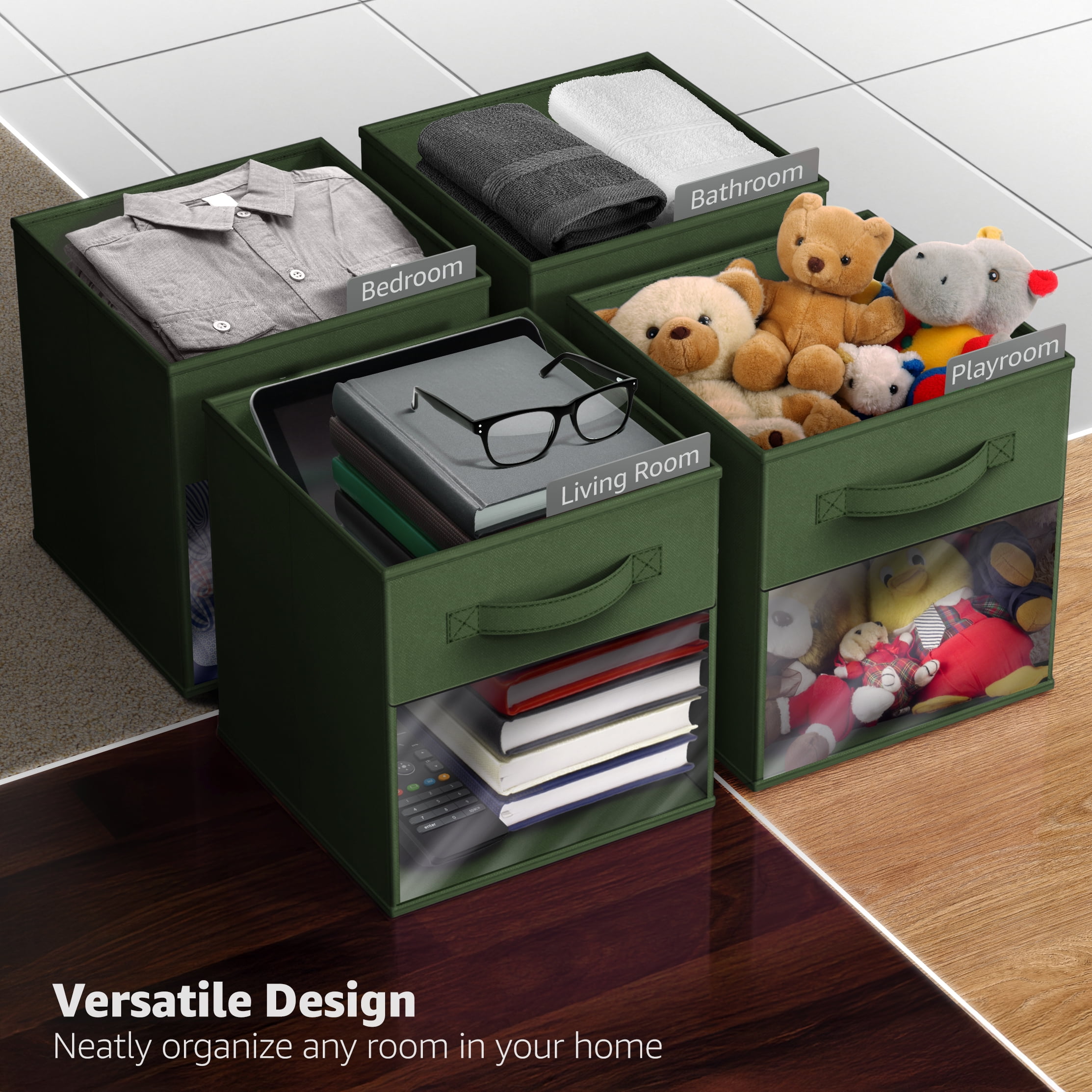 Sorbus 13” Foldable Storage Bins with Clear Window – Set of 6 Collapsible Fabric Baskets with Handles for Clothes, Toys, Books – Sturdy Organizer Cubes for Shelves & Closets, Dark Green