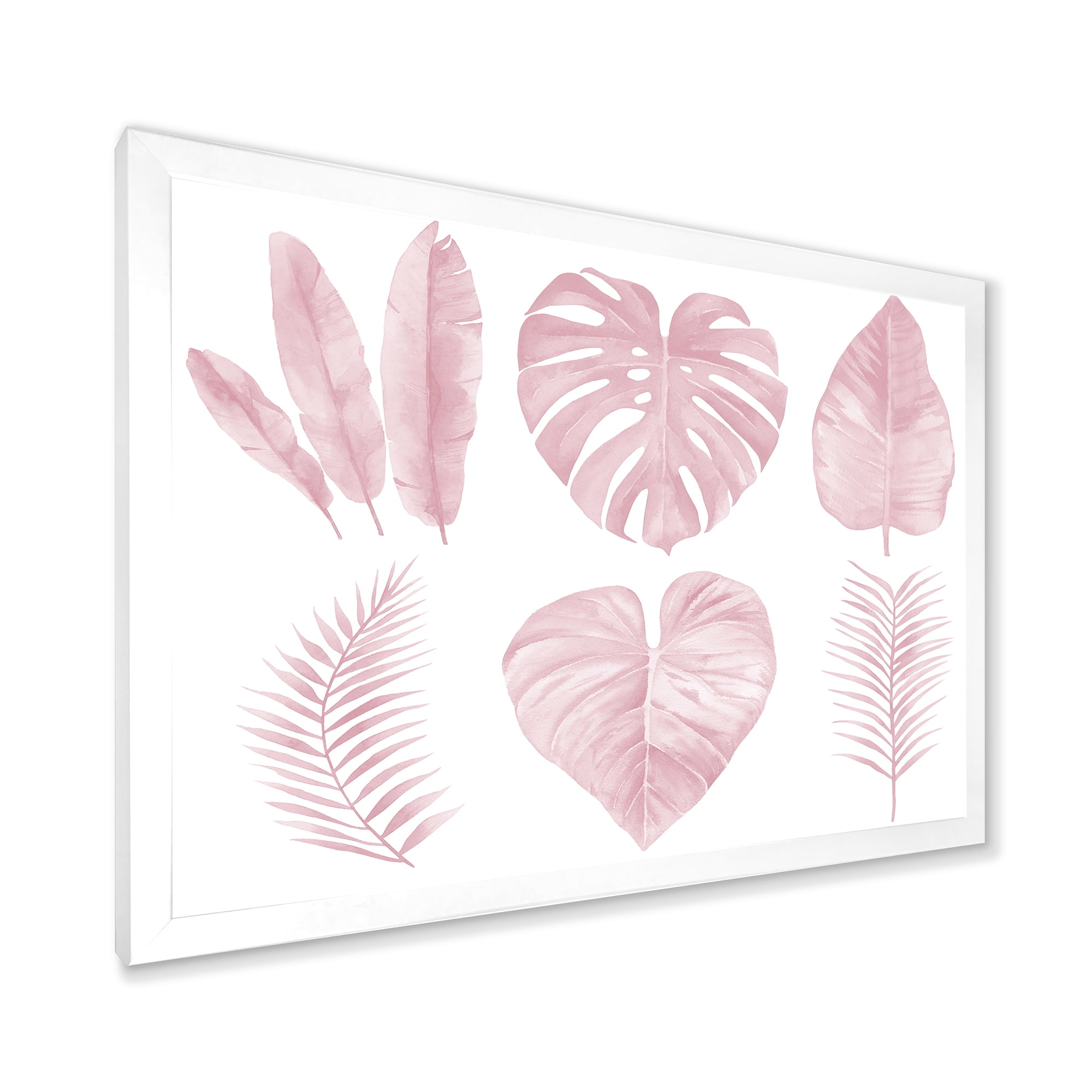 Designart 'Tropical Pink Watercolour Leaves On White I' Shabby Chic Framed Art Print