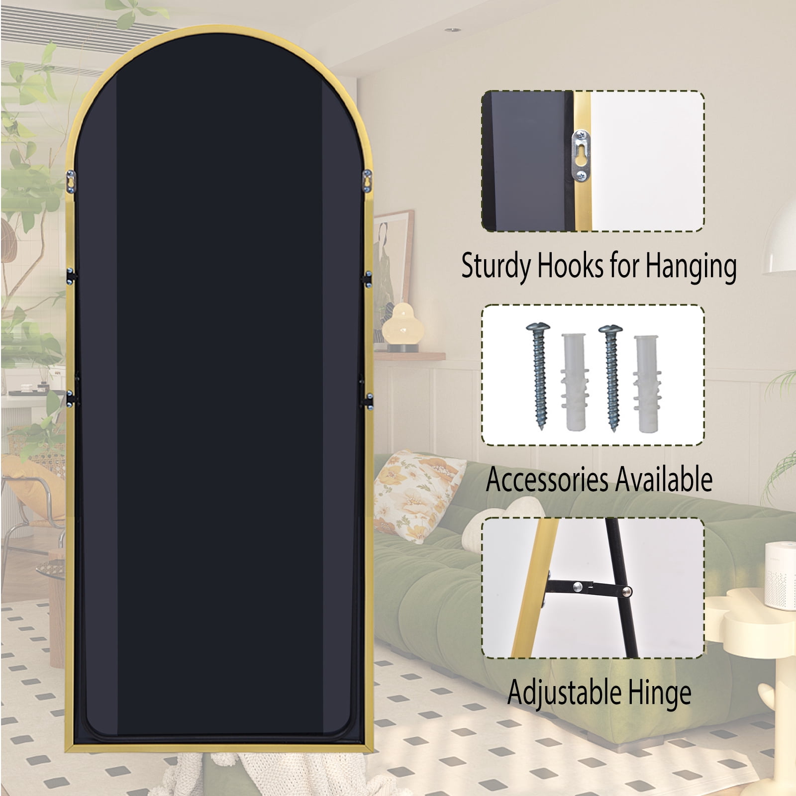 Anyrose 71.2"x30" Arched Full Length Floor Mirror Wall-Mounted Leaning Mirror, Gold