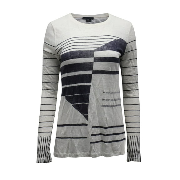 Pre-Owned Vince Abstract Print Long Sleeve T-Shirt in White Linen