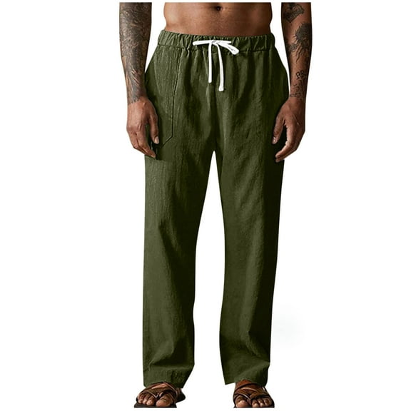 GuangCheng Men's Linen Drawstring Pants,Elastic Waist,Breathable,Casual Summer Loungewear Pants,Army Green,Size 2XL