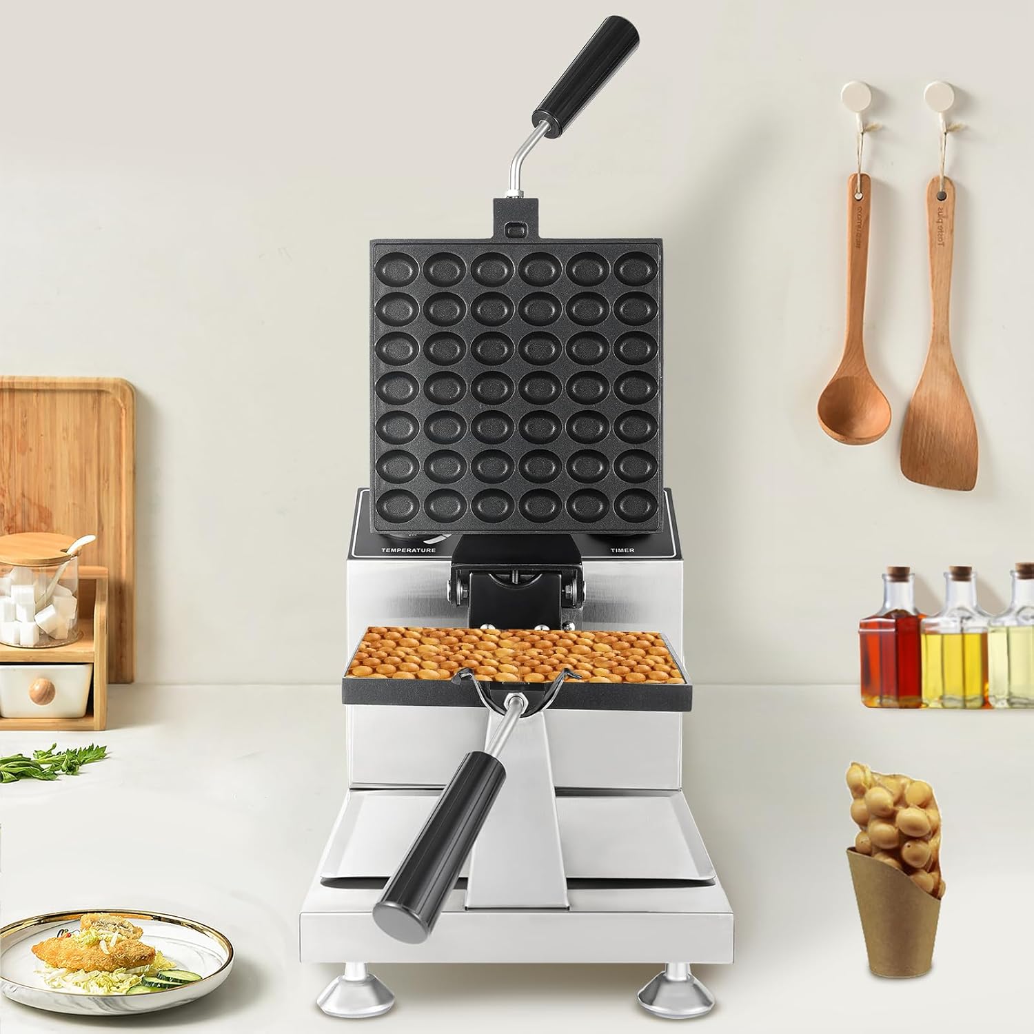Belgian Waffle Maker, 42 Grids 1200W Nonstick Stainless Steel Mini Round Waffle Iron, 122-572°F Temp Control Range for Restaurant, Snack Bar, Food Stall (42 Grids Waffle Maker)