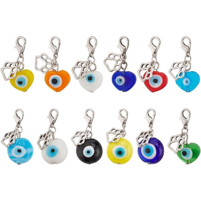 12 colgantes para collar de mascota, con forma de corazón, para gato y perro, con forma de pata de perro de la suerte, con clip.