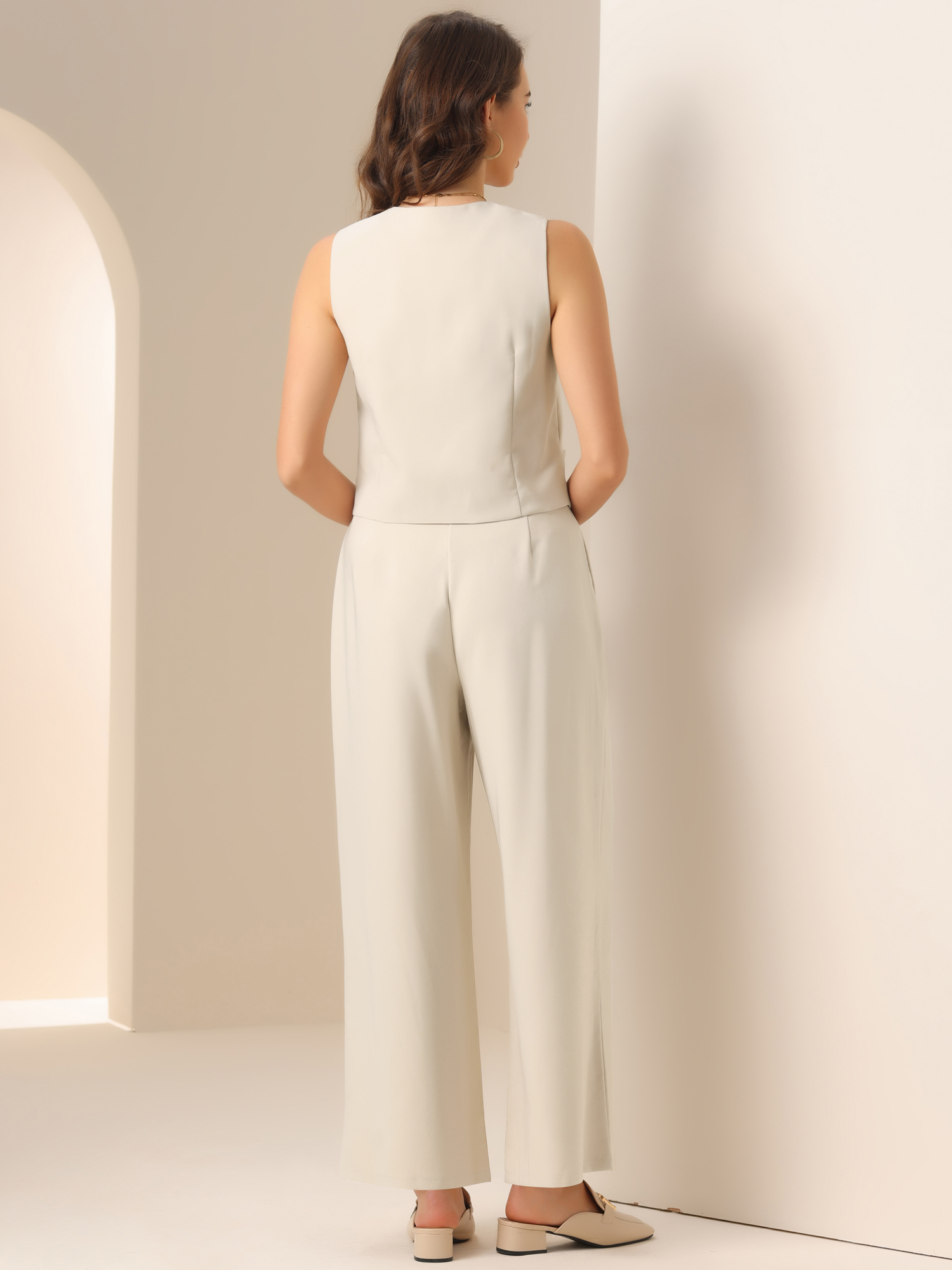 DARING DIVA Women's Button Front Vest Wide Leg Pants Matching Sets XL Apricot
