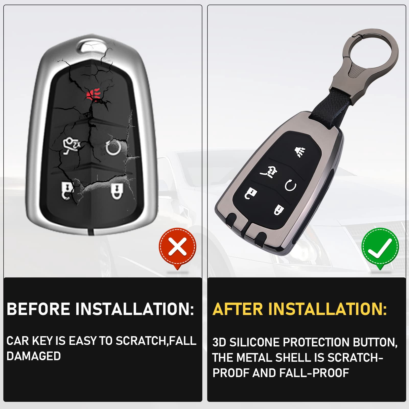 Compatible with Cadillac Key Fob Cover Case for 2015-2019 Cadillac CT4 CT5 CT6 CTS SRX XTS 2019-2023 XT4 XT5 XT6,Metal Shell & Soft Silicone Protection 5 Buttons Smart Key