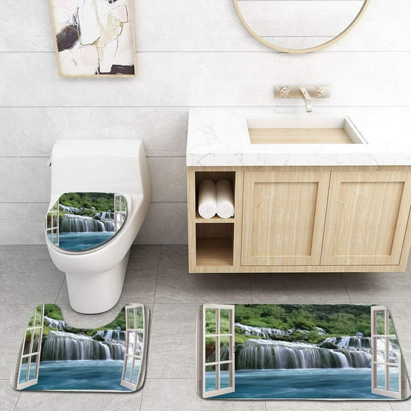 EREHome House Majestic Waterfall Landscape Through A Window Imaginary Secret Paradise at Home 3 Piece Bathroom Rugs Set Bath Rug Contour Mat and Toilet Lid Cover