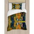 thumbnail image 3 of Landscape King Size Duvet Cover Set, Autumn Fall Landscape with Orange Marigold Leaves Lake Houses and Clear Sky Image, Decorative 3 Piece Bedding Set with 2 Pillow Shams, Multicolor, by Ambesonne, 3 of 3