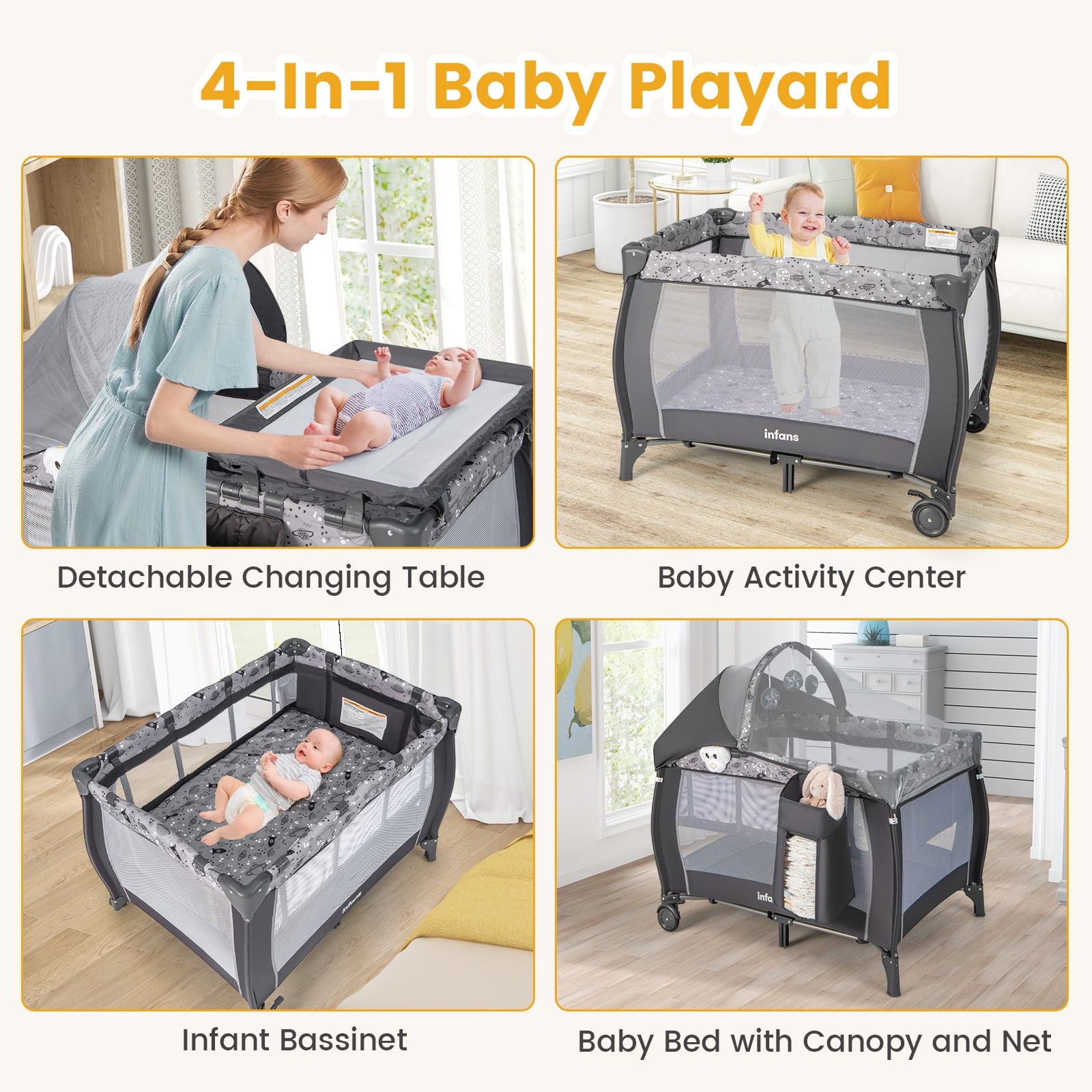 INFANS 4 in 1 Pack and Play, Portable Travel Baby Playard with Bassinet, Changing Table, Canopy, Mosquito Net, Hanging Toys, Music Box, Storage Bag, Large Playpen from Newborn to Toddlers