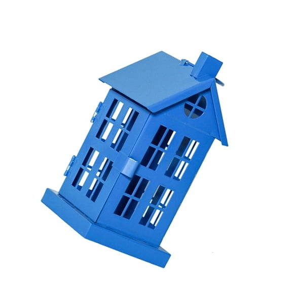 hejhncii Blue Metal Hollowed House Shape Tealight Candle Holder Lanterns Hanging Ornament