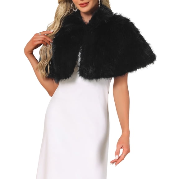 INSPIRE CHIC Faux Fur Shawl for Women's Wedding Collared Cape for Bridal Bridesmaids Gown Evening Jackets XS Black
