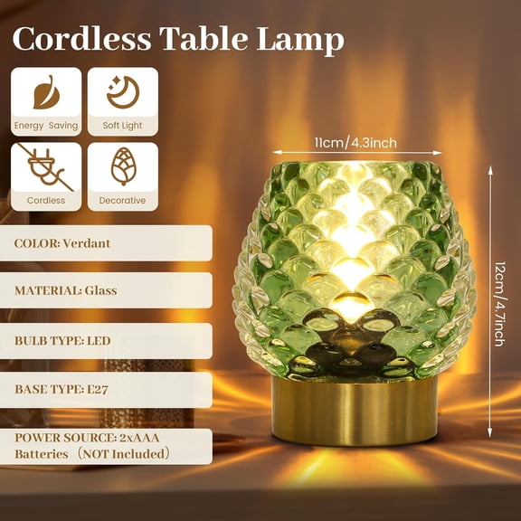 PYYAN-Small Table Lamp with Timer,Cordless Battery Operated Lamp with LED Bulb,Glass Battery Powered Lamp for Bedroom/Bathroom/Kitchen/Dining,Living Room Decoration for Corner,Bedside,Green