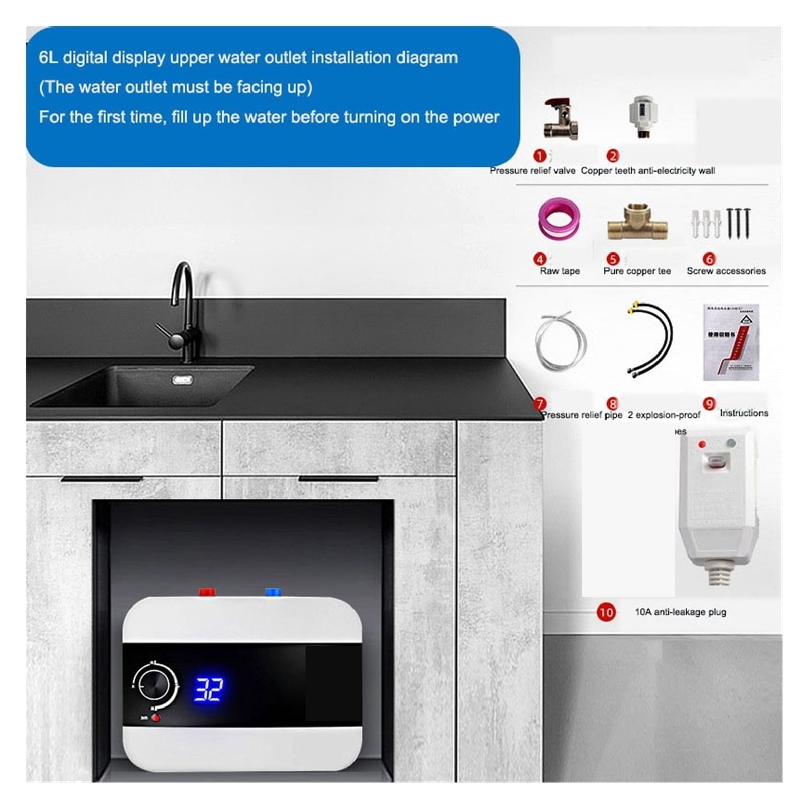 Electric Water Heater 10L Large Capacity Water Storage Type Kitchen Small Electric Water Heater That Is Hot For Washing Dishes ,Safety Protections