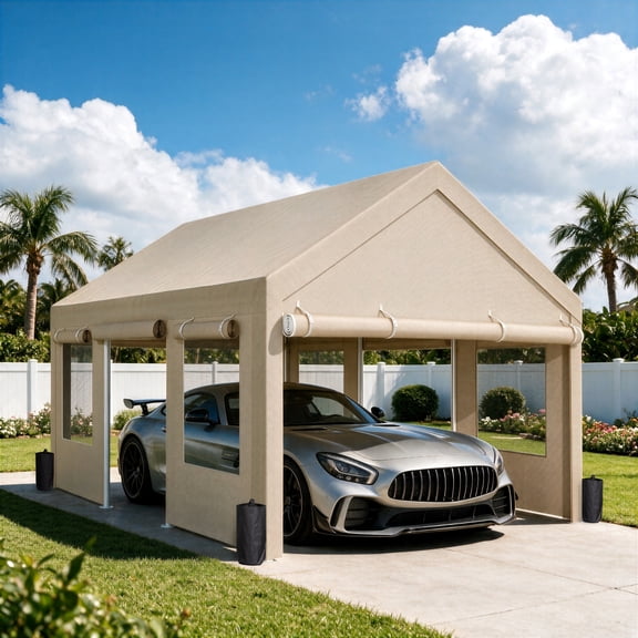 Walsunny 10x20 ft Carport with 4 Sandbags Heavy Duty Car Canopy with Roll-up Windows Portable Garage with Removable Sidewalls & Doors Khaki