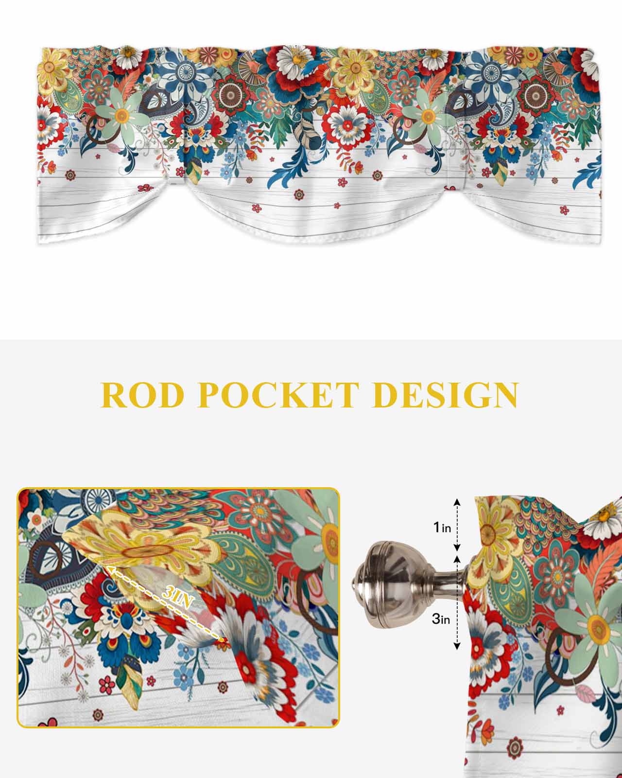 Boho Floral Tie Up Valances Curtain, Adjustable Kitchen Abstract Bohemian Bloom Flower Colorful Plant Wood Valances for Windows Decor, Rod Pocket Short Curtains Set for Bedroom/Bathroom, 54"x18"