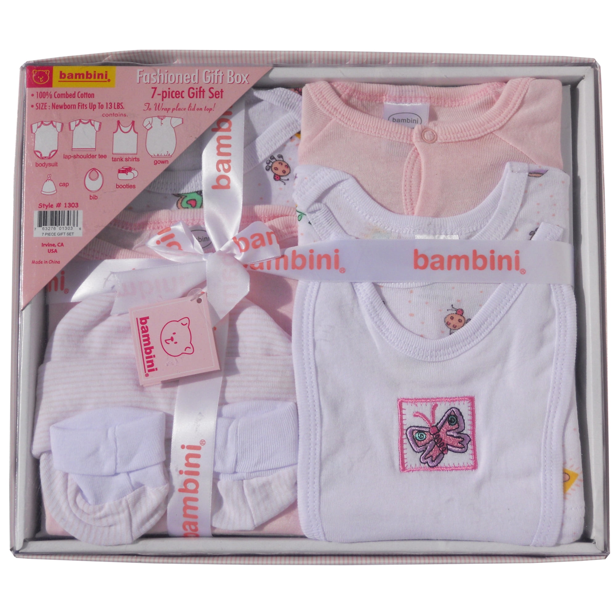 Bambini Pink Newborn Baby Shower Layette Gift Box Set 7pc (Baby Boys Or Baby Girls Unisex)
