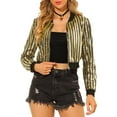 thumbnail image 1 of INSPIRE CHIC Women's  Metallic Long Sleeve Stand Collar Zipper Cropped Bomber Jacket Gold S, 1 of 6